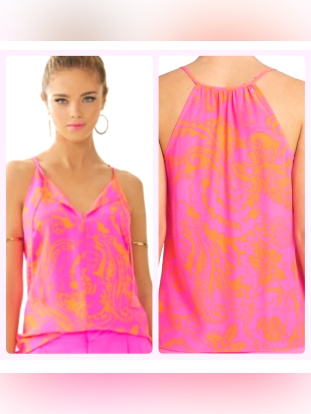 Lilly Pulitzer “Finn" Top in Pop Pink Orange Seaesta 100 % Silk Halter Top~Small
